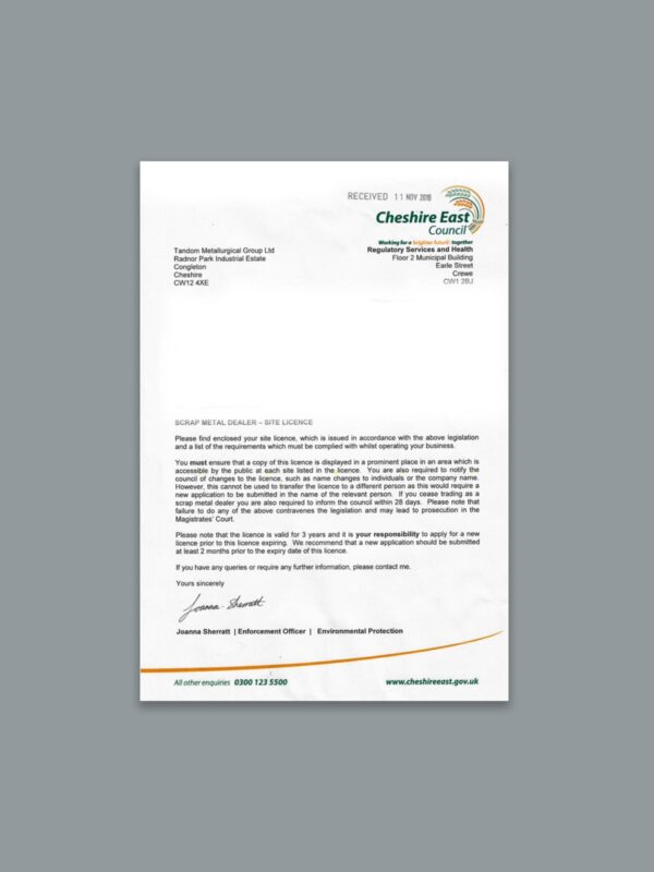 Scrap Metal Dealers Licence – Tandom Group (2022)