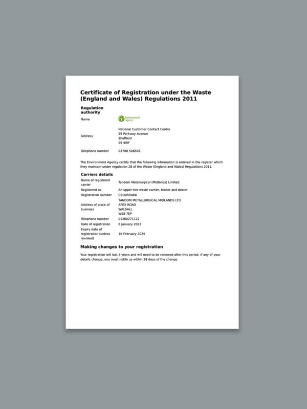 Tandom (EA) Waste Carriers & Brokers Licence 2021-24